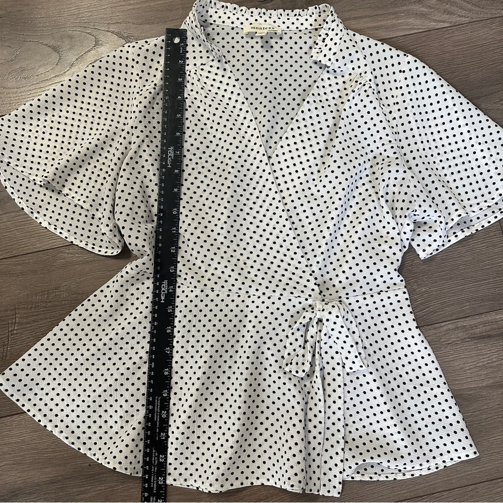 Monteau Polka Dot white and black Faux Wrap Shirt Top Blouse size Large - Picture 8 of 9